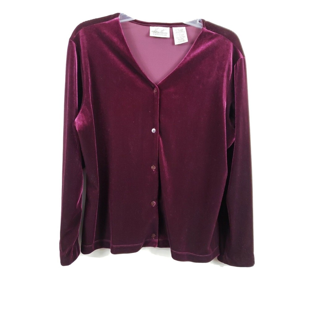 Vintage Kathie Lee Velvet Cardigan Womens  Large L Red Burgundy Velour 90s
